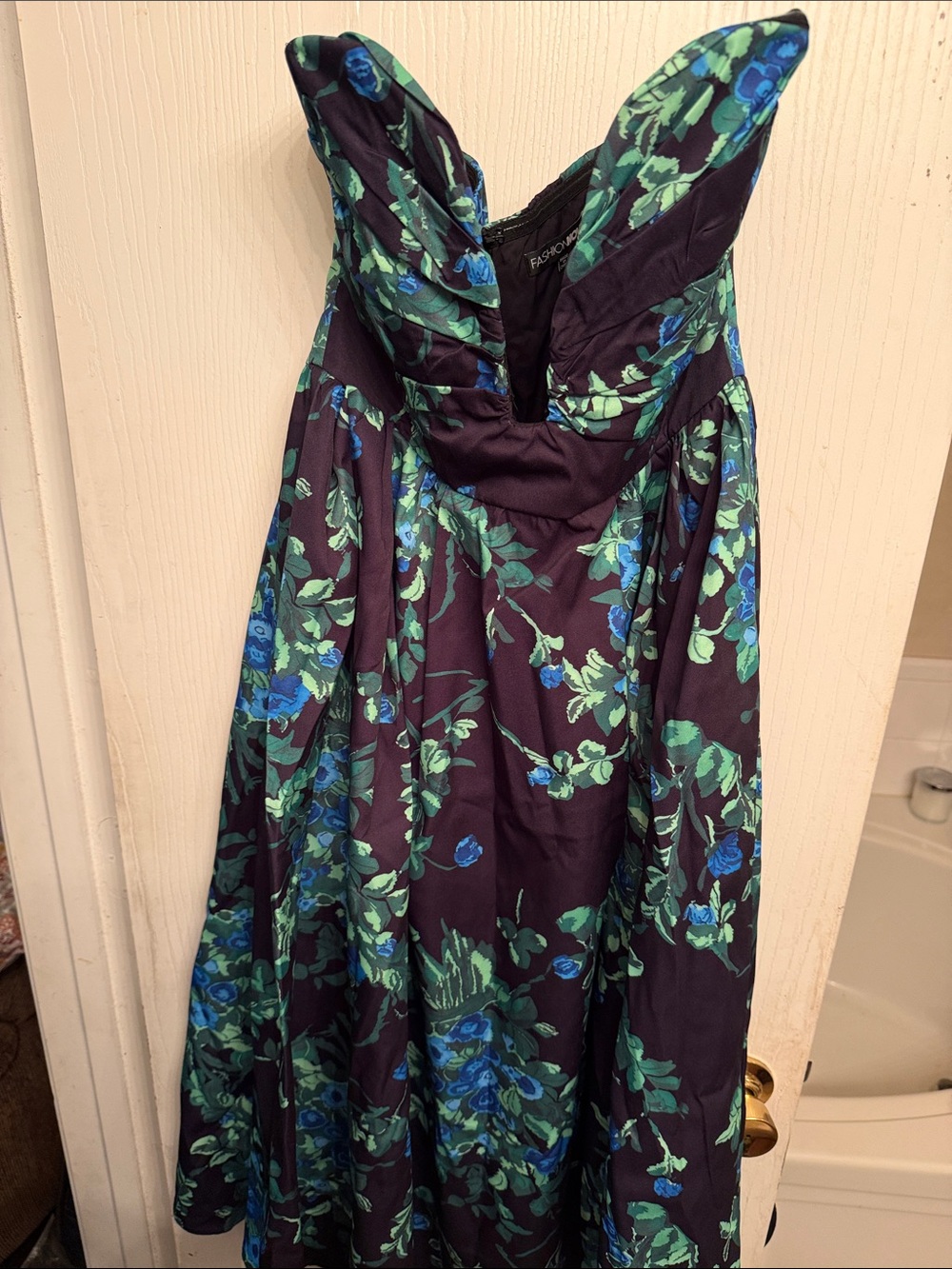 Fashion Nova Strapless Floral Dress in Navy, Green, and Blue